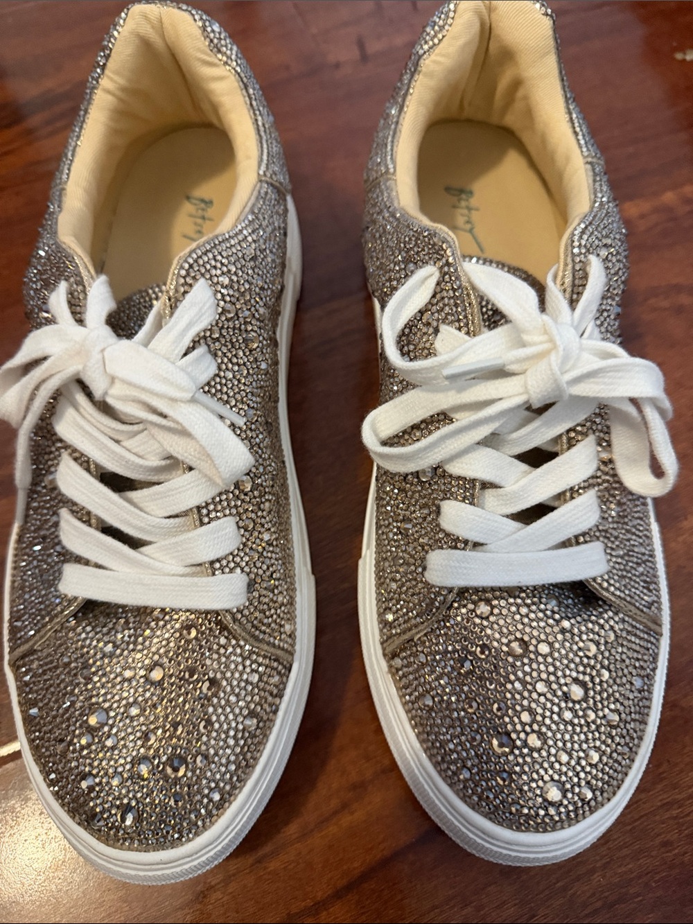 Betsey Johnson Gold Crystal Embellished Lace-Up Sneakers